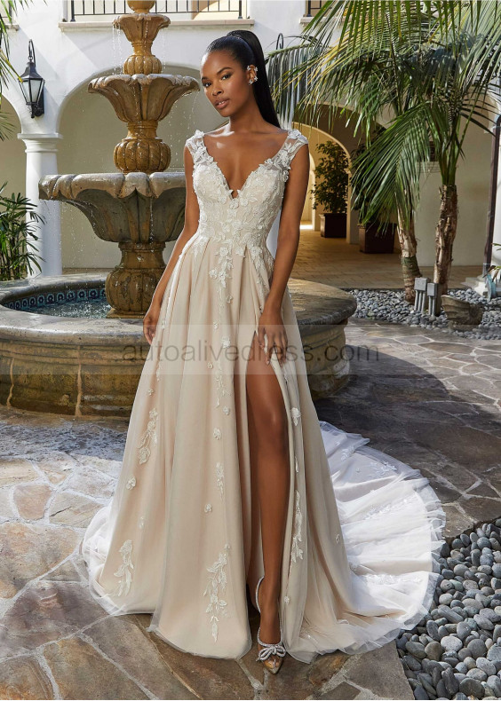 Deep V Neck Beaded Lace Tulle Tie Back Slit Wedding Dress